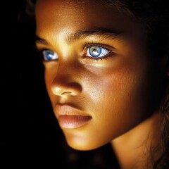 A captivating close-up of a girl with striking blue eyes and warm skin tone in soft light
