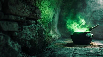 A bubbling cauldron exudes a mysterious green glow in a rustic stone setting, evoking an ancient tale of potions and alchemy amidst its eerie, magical charm.