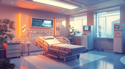 Interior of a state-of-the-art hospital room with a relaxing patient bed, advanced medical equipment, and a bright, inviting ambiance
