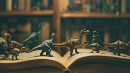 Naklejka premium Toy dinosaurs parade across an open book, evoking childhood wonder and a love for learning in an imaginative library setting.