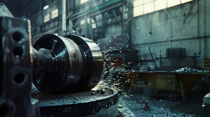 Sparks fly as a metalworker uses a lathe in an industrial workshop, highlighting the craftsmanship and intensity of the workspace.