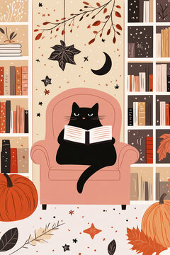 Cozy autumn-themed illustration with a black cat reading a book
