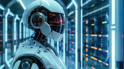 A robot is maintaining server in a high tech server room.