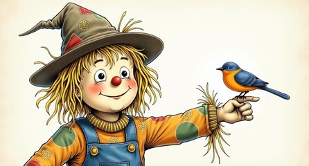 A cheerful scarecrow with hay poking out from its patchy hat and overalls, standing with a happy smile. It’s holding a bird on its finger, clearly more interested in making friends than scaring them a
