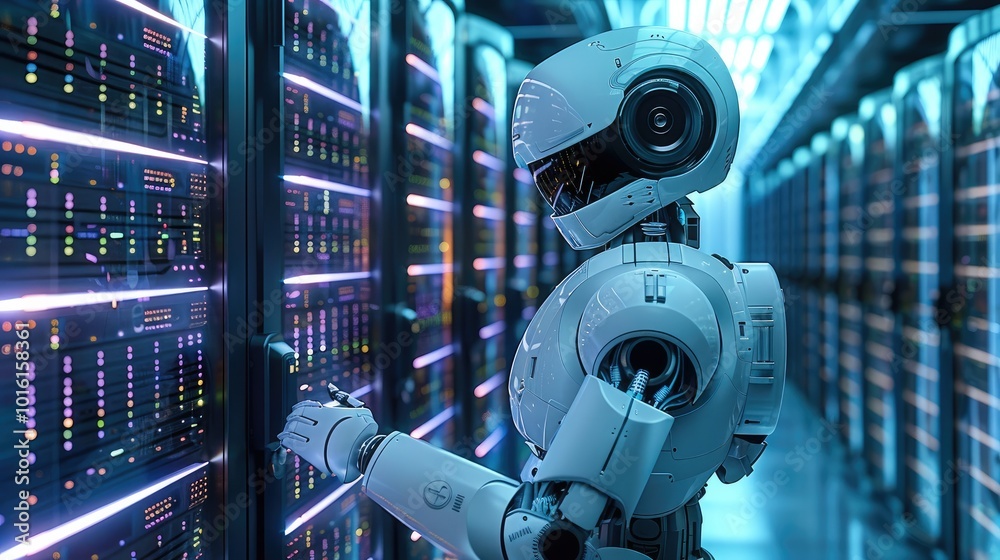 Poster A robot is maintaining server in a high tech server room.