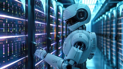A robot is maintaining server in a high tech server room.