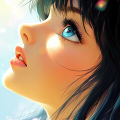 Fototapeta premium A girl gazes upward in wonder, illuminated by soft sunlight on a serene afternoon
