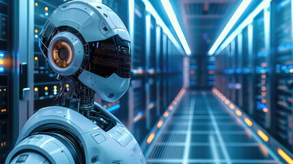 A robot is maintaining server in a high tech server room.