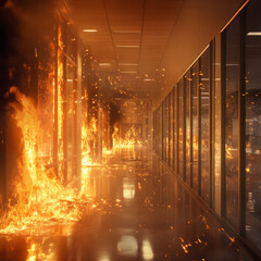 empty office complex engulfed in flames, with fire tearing through hallways, creating dramatic and intense scene. reflections on polished floor enhance chaotic atmosphere
