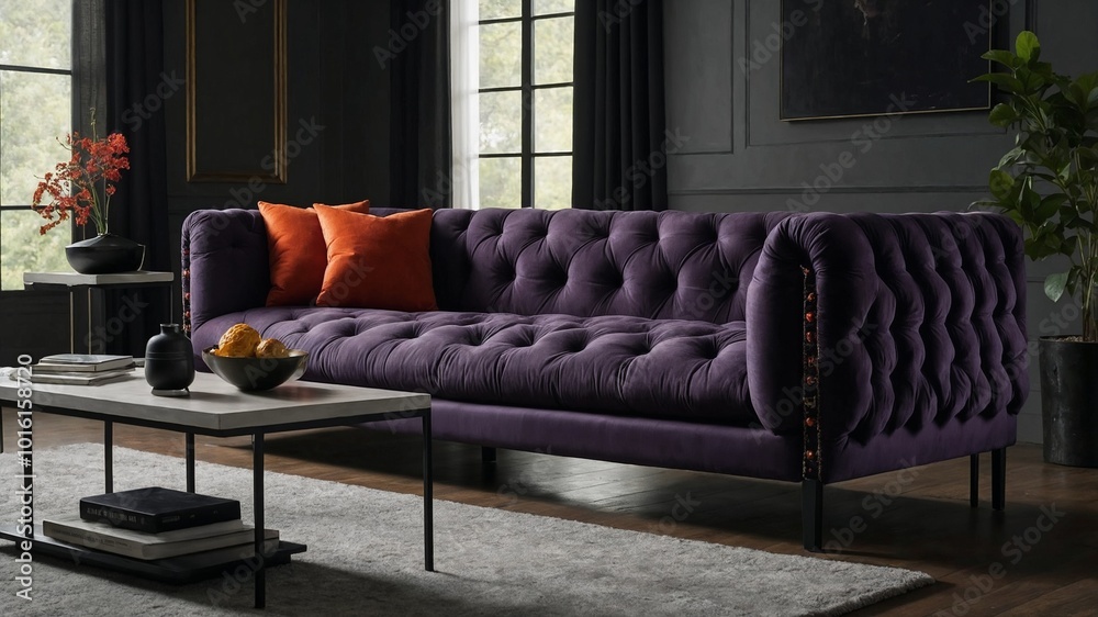 Wall mural elegant living room with purple velvet tufted sofa and orange cushions in modern interior design.