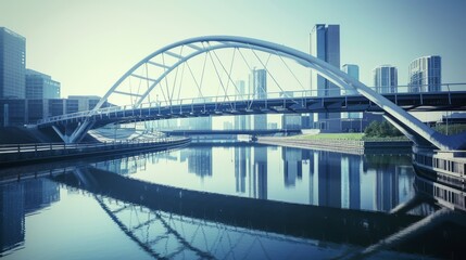 Obraz premium A sleek, arching bridge spans a river, mirrored perfectly in its waters, embraced by a skyline of modern high-rise buildings.