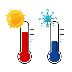 Thermometer with sun and snowflake.Vector flat illustration on isolated background.