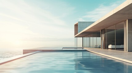 Fototapeta premium A luxurious infinity pool merges seamlessly with the ocean horizon, adjacent to a modern glass-fronted villa basking in tranquil sunset hues.