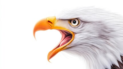A close up of an eagle's face with its mouth open