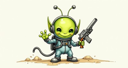 A cute, short green alien with a big head and tiny antennae, wearing an oversized space suit and holding a toy ray gun. Waving with a friendly grin, this alien looks more excited to make friends than 