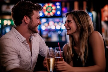 A cheerful couple enjoys drinks at a lively bar with dartboards in the backdrop, capturing a convivial atmosphere of fun and companionship on a casual outing.