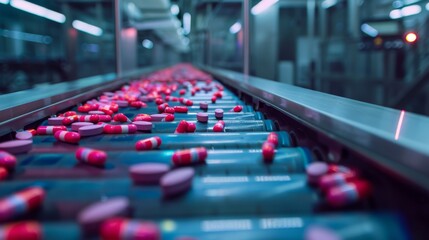 Obraz premium A conveyor belt in a pharmaceutical plant carries red and pink pills, illustrating the precision and efficiency of modern medicine production.