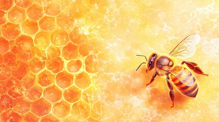 Naklejka premium A detailed illustration of a bee on a honeycomb background showcasing vibrant colors.