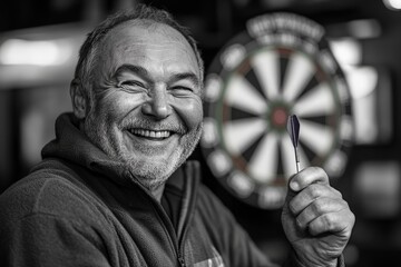 In a classic black-and-white photo, a man confidently holds a dart in front of a dartboard, symbolizing skill, focus, and timeless enjoyment of games.
