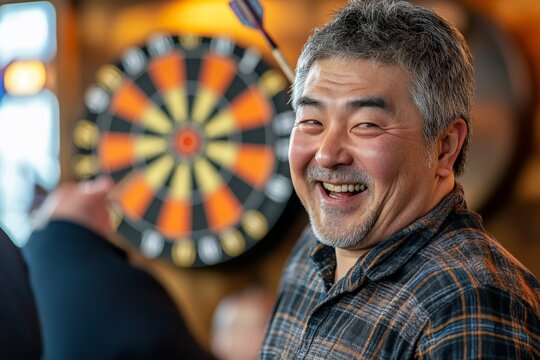 A man smiles warmly in front of a dartboard, with casual attire, in a relaxed atmosphere, symbolizing happiness, leisure, and enjoying a game night.