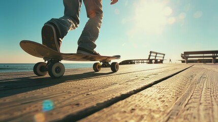 A skateboarder glides along a sunlit boardwalk, capturing the essence of freedom and youthful adventure beneath a bright, clear sky.