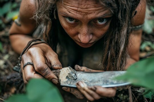 A gritty portrayal of a survivalist sharpening a knife, preparing for a challenging jungle expedition, embodying resilience and the quest for adventure and self-sufficiency.