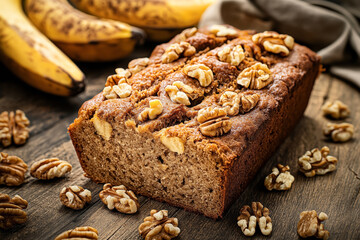 Fototapeta premium A loaf of freshly baked banana bread topped with walnuts, placed on a wooden table with ripe bananas and scattered walnuts in the background.