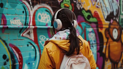 Fototapeta premium A young individual adorned in vibrant gear and headphones stands before playful and colorful graffiti art, capturing youthful energy and creativity.