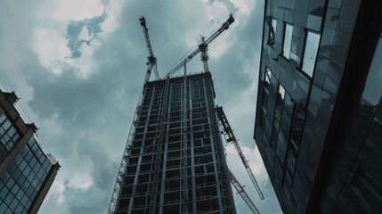 A towering building under construction reaches skyward amidst a backdrop of looming clouds, framed by adjacent structures.