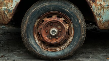 Rusty Old Car Wheel in Abandoned Junkyard Setting