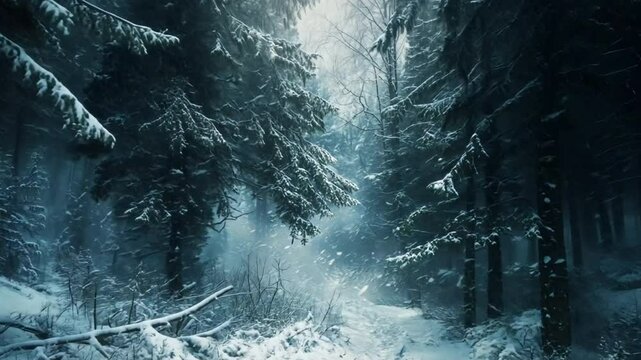A winter storm moving through a dense forest, with snow and wind making travel through the woods difficult and dangerous