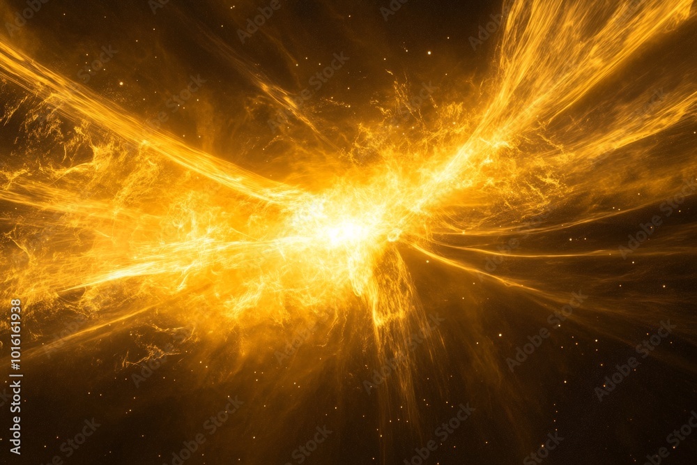Poster cosmic phenomenon showcasing an explosive burst of solar plasma, with radiant streams extending outw