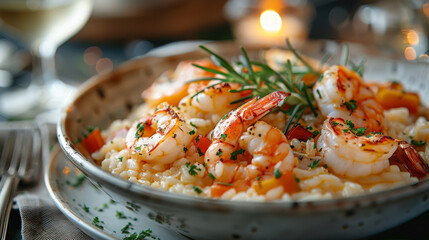 Bouillabaisse Risotto elegantly served in a large white bowl with seafood and fresh herbs, set in an upscale restaurant with fine silverware and a glass of white wine.