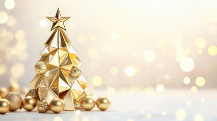 Elegant gold geometric christmas tree with glowing bokeh background