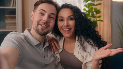 Web cam view video call chat virtual conference smiling happy love couple family influencers...