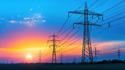 Fototapeta premium A vibrant sunset silhouetted by tall electric towers, showcasing a contrast of colors in the sky and power lines against nature.