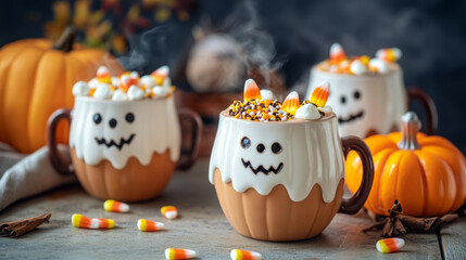 Fototapeta premium Halloween hot chocolate drinks with marshmallows and candy corn on wooden background