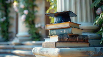 An old stone pillar with the top decorated by two books and one diploma, adorned with a graduation cap.