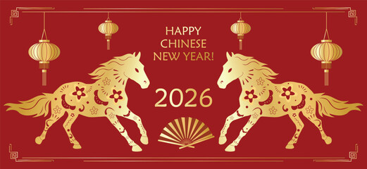 Happy Chinese New Year 2026 with golden horses, lantern, Chinse fan and vintage gold oriental Chinese border frames red luxury background. New Year banners, posters, newsletters. 2026 Lunar New Year