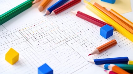 Brightly colored pencils and blocks are arranged around math worksheets on a desk