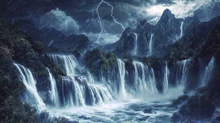 Fototapeta premium background of a rainstorm atmosphere with lightning and thunder in the mountains with trees and waterfalls flooding