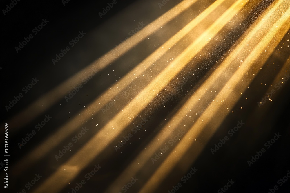 Poster soft beams of warm, golden light stream through an objectless dark space, evoking tranquility and sp