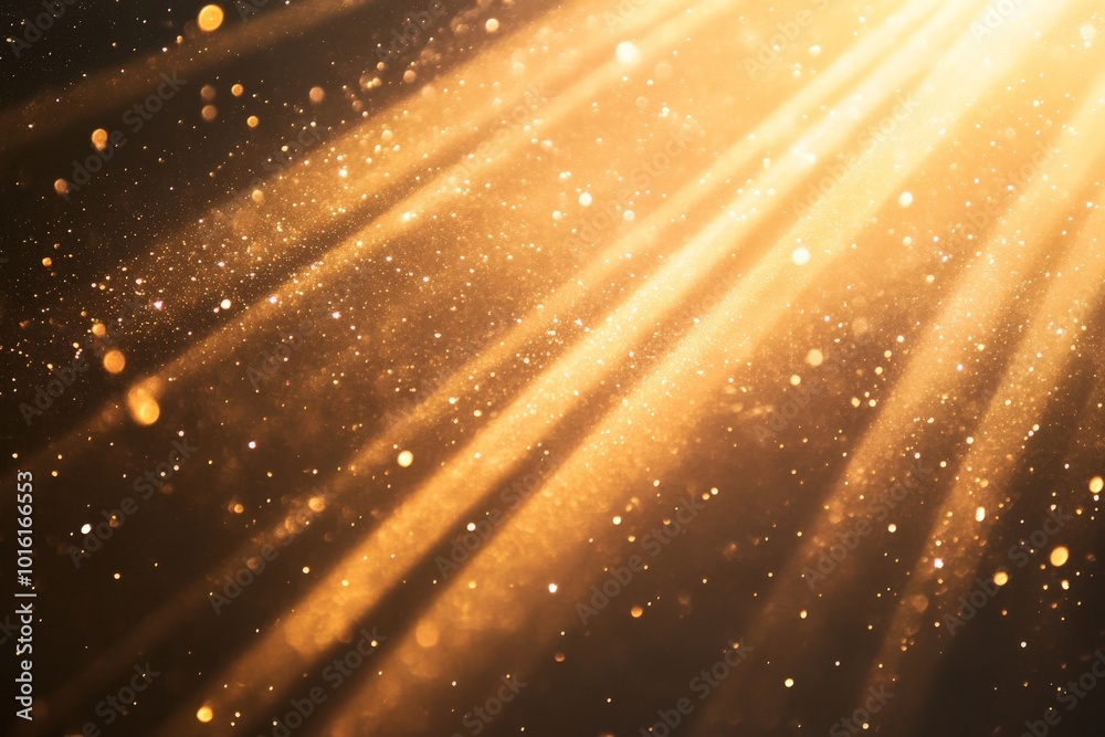 Poster golden beams of light scatter through particles of dust, creating a magical atmosphere that evokes w