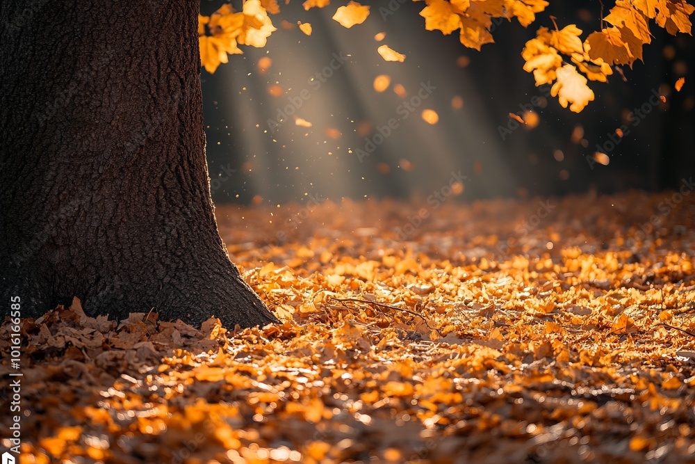 Poster Leaves cascade around a tree trunk with sunrays filtering through, capturing the beauty and tranquility of an autumn afternoon in a harmonious natural setting.