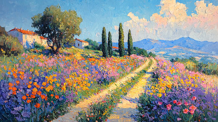 Elegant French landscape painting with vibrant flowers and trees, rendered with Impressionist brushstrokes under a daylight sky