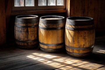 Fototapeta premium Three rustic wooden barrels are beautifully illuminated by sunlight streaming through windows indoors, showcasing a scene of traditional storage and craftsmanship.