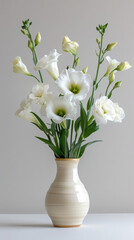 White Lisianthus Flowers in Ceramic Vase