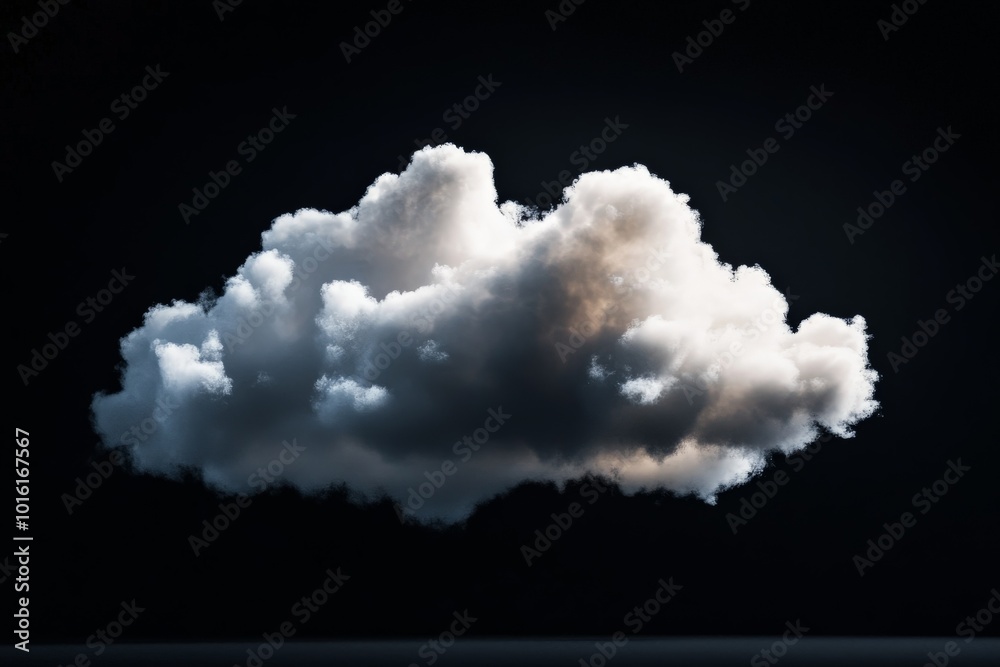 Poster A fluffy cloud floating in a dark background with a subtle warm glow inside, creating a soft, inviting and serene ambiance with a hint of mystery.