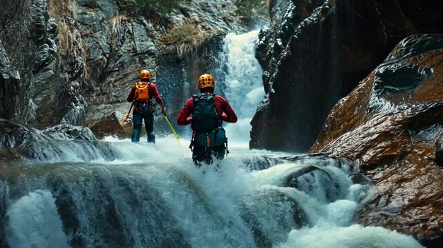 Canyoneers rappelling down waterfalls and scrambling through rocky canyons in a high-energy canyoning adventure