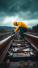 Naklejka premium A worker crouches down to examine the railway tracks amidst gray clouds in a rural setting